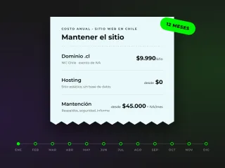 Recibo con el costo anual de un sitio web en Chile: dominio .cl $9.990, hosting desde $0 y mantención desde $45.000 + IVA al mes