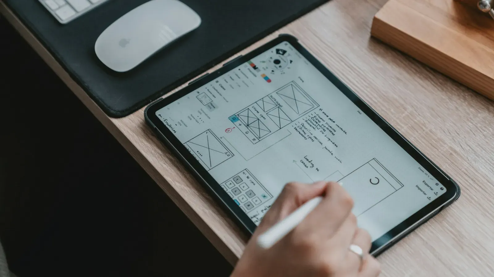 Persona dibujando el esquema de páginas de un sitio web en una tablet